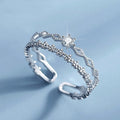 Silver Dual Open Adjustable Ring Floral Lattice Clear Stone view 2