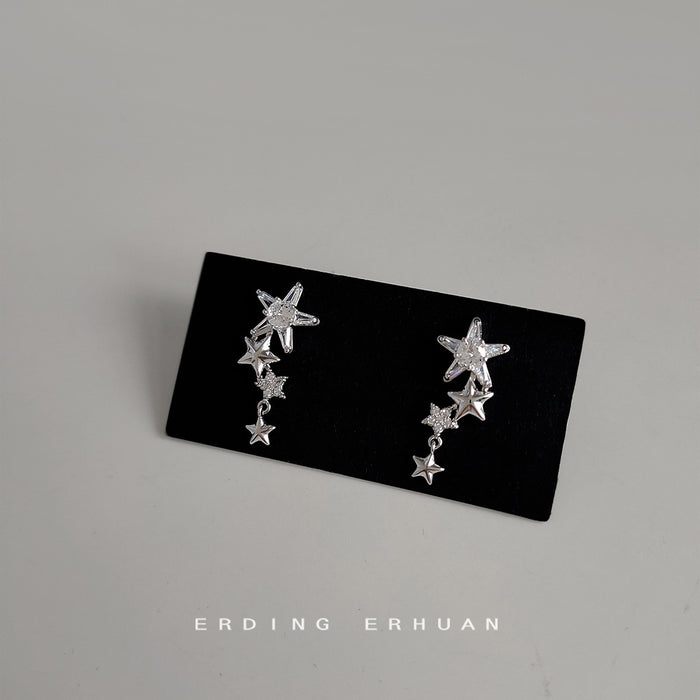 Silver Cascading Multi Star Drop Stud Earrings Clear CZ
