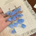 Pink and Blue Tiered Petal Cascade Long Dangle Stud Earrings view 4