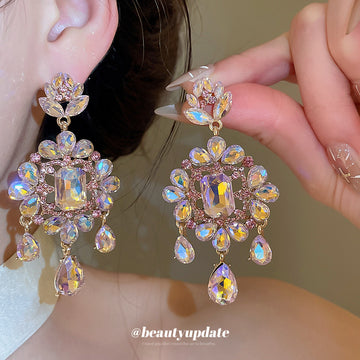 Iridescent Crystal Floral Chandelier Drop Earrings