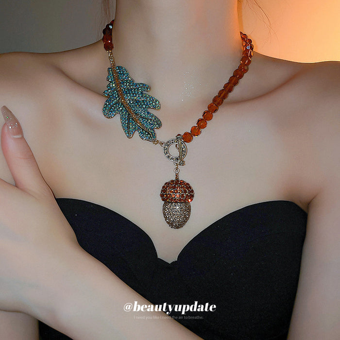 Amber Bead Necklace Teal Leaf Acorn Rhinestone Toggle