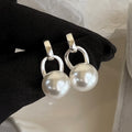Large White Faux Pearl Drop Clip On Silver Tone Hoop Earrings view 3