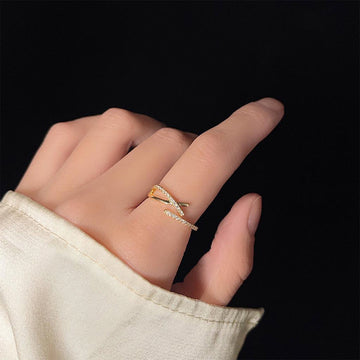 Gold Zircon Cross Open Ring Adjustable X Band Style