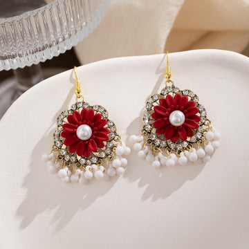 Red Flower Clear Halo White Bead Fringe Hook Earrings
