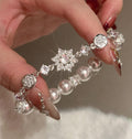 Silver Tone Floral Pearl Beaded Stretch Bracelet With Crystals view 2