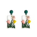 Polymer Clay White Tulip Rectangle Drop Earrings Green Stud view 5