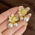 Gold Flower and Pearl Look Ball Jacket Stud Earrings view 4