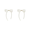 White Bow Pearl Chain Drop Earrings with Polished Metal Accents view 5
