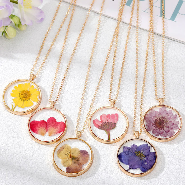 Gold Tone Round Clear Resin Pressed Flower Pendant Necklaces