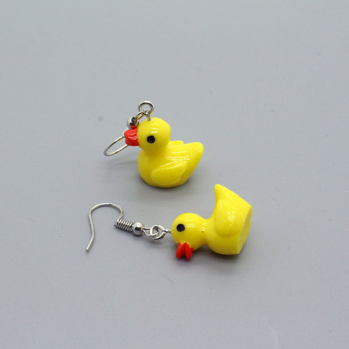 Yellow Duck Figural Drop Earrings with Silver Tone Hooks