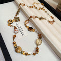 Gold Brown Ceramic Crystal Bead Butterfly Flower Necklace view 4