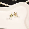 Pink Crystal Flower Pearl Drop Stud Earrings Gold Tone Settings view 3