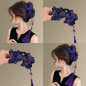 Purple Embroidered Butterfly Claw Clip Tassel Charm