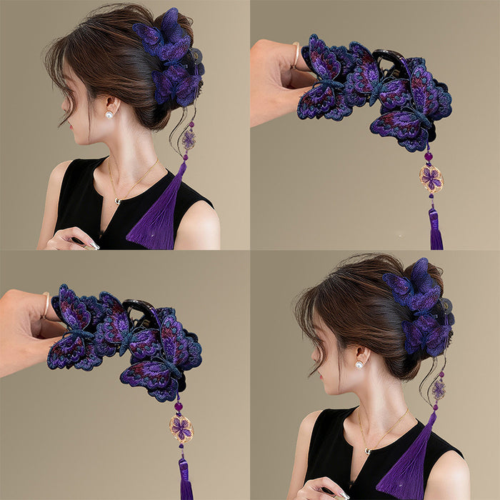 Purple Embroidered Butterfly Claw Clip Tassel Charm