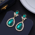 Aqua Gold Tone Green Teardrop Halo Crystal Metal Dangle Earrings view 4