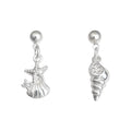 Silver Asymmetric Starfish Shell Conch Dangle Stud Earrings view 5