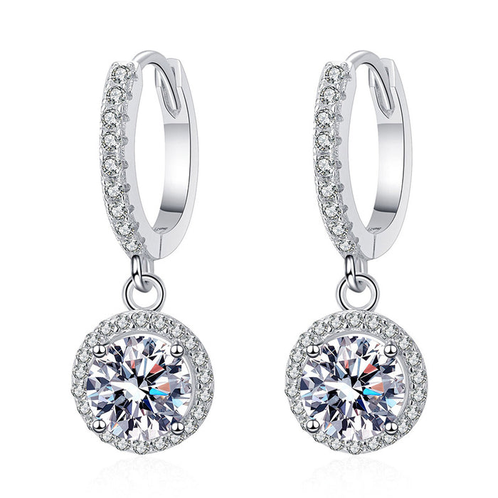 Silver Tone Round Clear Halo Drop Hoop Earrings Pair