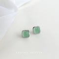 Silver Tone Pale Green Cat Eye Cushion Square Stud Earrings view 3