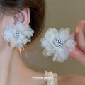 Ivory Sheer Fabric Flower Stud Earrings With Decorative Details view 4
