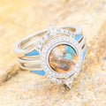 Silver Tone Turquoise Chip Round Halo Ring Polished Statement Fashion Jewelry view 1