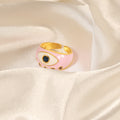 Gold Dual Evil Eye White Enamel Open Adjustable Ring view 4