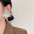 Silver Tone Large Wire Petal Flower Pearl Center Stud Earrings view 3