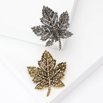 Crystal Maple Leaf Brooch in Antique Gold and Silver Tone