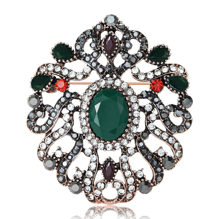 Antique Copper Openwork Flower Brooch Green Oval Center Stone