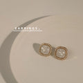 Gold Tone Square Frame Crushed White Shell Stud Earrings view 4