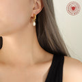 Crystal Bridge Hoop Earrings with White Pearl Drop in Gold Tone view 4