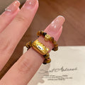 Tiger Eye Bead Stretch Ring Gold Coin Charm Coffee view 3