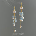 Gold Pearl Blue Glass Crystal Long Tassel Drop Earrings view 1