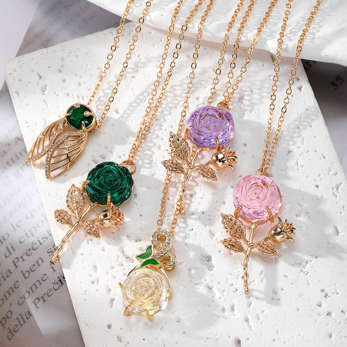 Gold Tone Crystal Rose and Cicada Pendant Necklaces in Five Designs