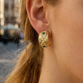 Textured C Hoop Earrings Green Stones Clear Crystals view 3