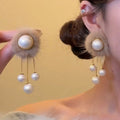 Fuzzy Round Pearl Look Drop Earrings in Brown and White view 4