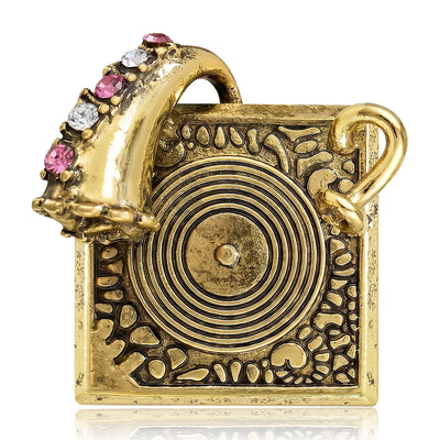Front view of square vintage gramophone with a curved horn