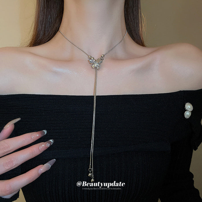 Silver Butterfly Crystal Bead Tassel Y Necklace Piece