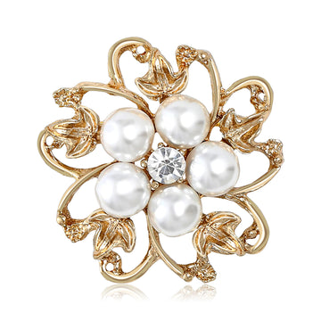 Openwork Pearl Flower Brooch With Curled Metal Petals