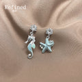 Silver Tone Aqua Starfish And Seahorse Asymmetric Drop Earrings view 3