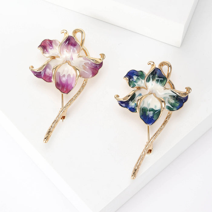 Long Stem Iris Flower Brooch in Purple or Blue Enamel