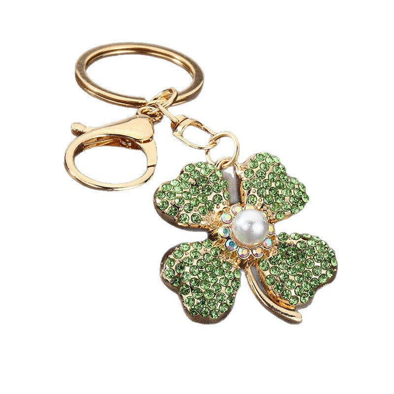Rhinestone Pearl Four-Leaf Clover Metal Keychain Bag Charm