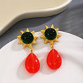 Gold Sun Flower Drop Earrings Red Teardrop Blue Green view 7