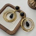 Gold Tone Black Resin Double Hoop Drop Earrings Statement Jewelry view 2