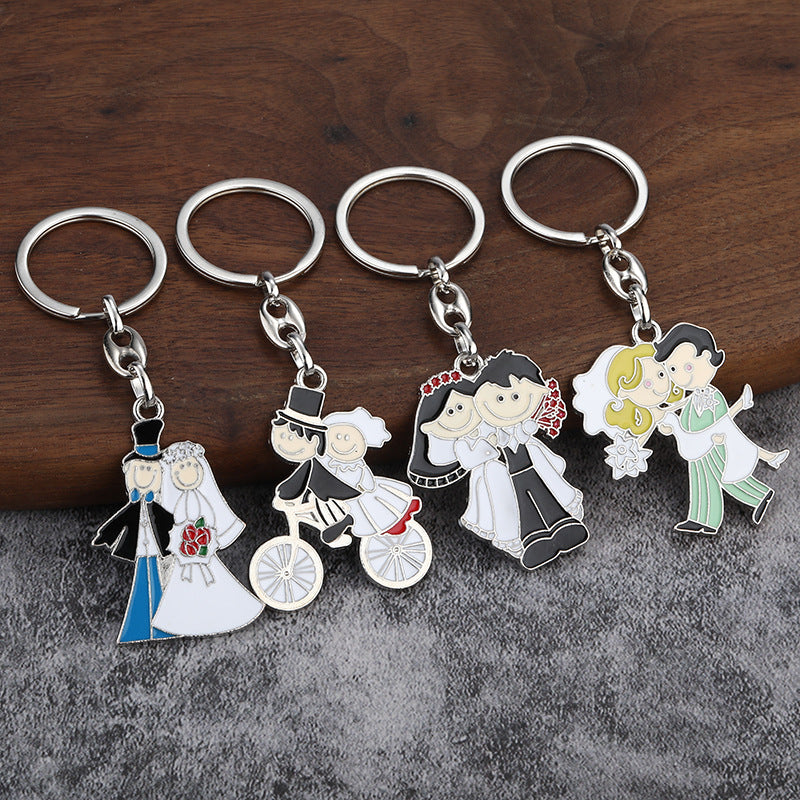 Cartoon Bride and Groom Enamel Metal Couple Keychain Pendant