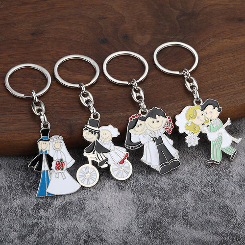 Cartoon Bride and Groom Enamel Metal Couple Keychain Pendant