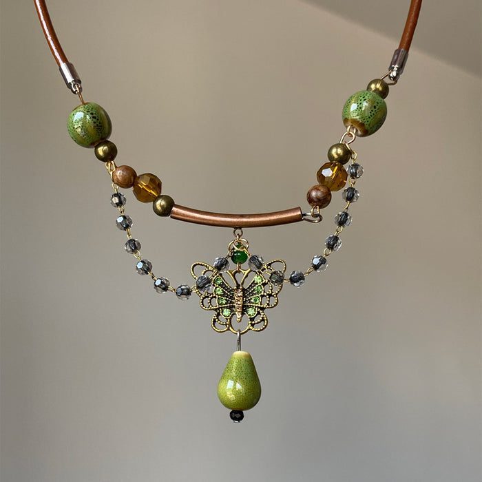 Brown Leather Cord Green Ceramic Butterfly Pendant Necklace