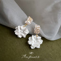 Baguette Crystal Top White Flower Camellia Drop Earrings view 4