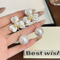 White Iridescent Flower and Pearl Look Dangle Earrings view 2