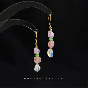 Gold Hook Natural Stone Drop Earrings Purple Pink Clear