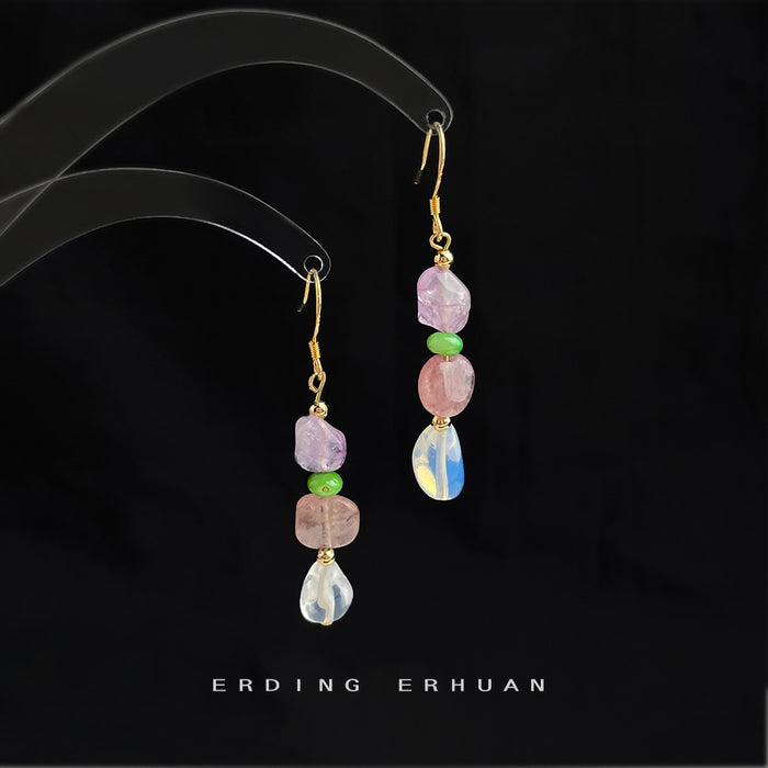Gold Hook Natural Stone Drop Earrings Purple Pink Clear